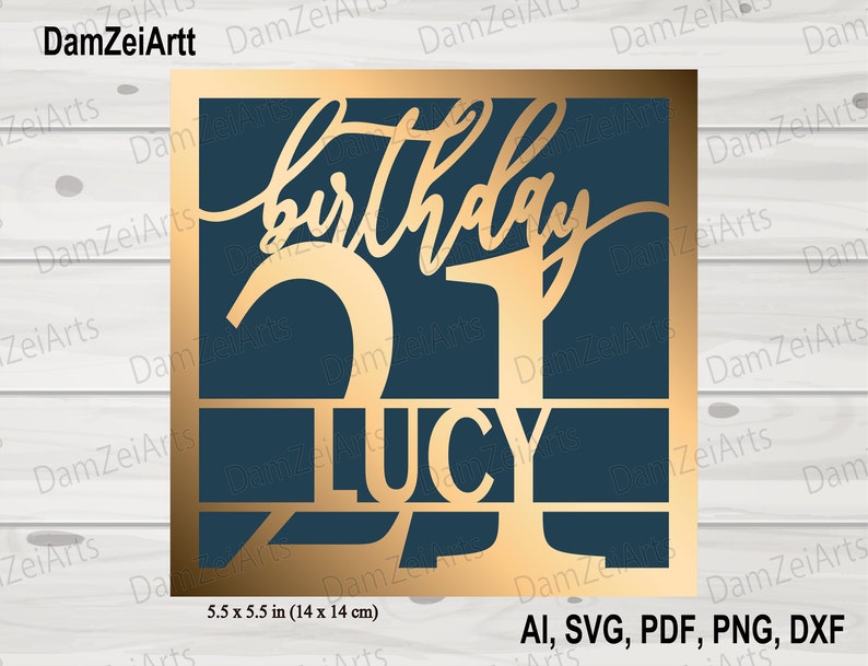 May include: A gold-colored 21st birthday card with the text "birthday" and "LUCY" on a dark blue background. The card is 5.5 inches by 5.5 inches.