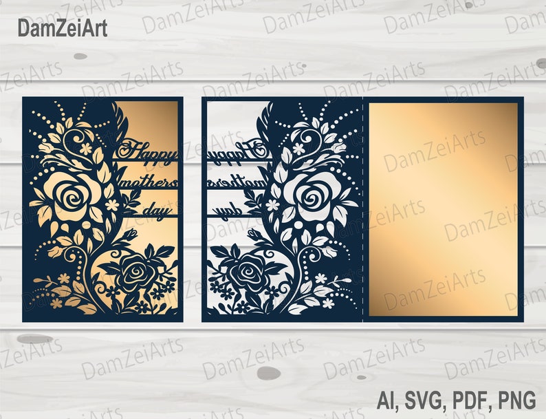 May include: A laser cut card template with a floral design and the text "Happy Mother's Day". The card is designed to be folded and has a decorative cut-out pattern.