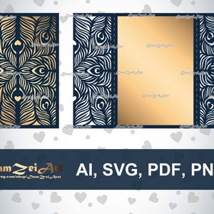 Gate-fold Peacock laser Cut Template 5x7'' Wedding Invitation Card (ai, svg, pdf, png) vector file pattern, ornamental panels Download