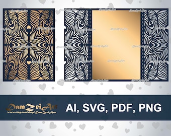 Gate-fold Peacock laser Cut Template 5x7'' Wedding Invitation Card (ai, svg, pdf, png) vector file pattern, ornamental panels Download