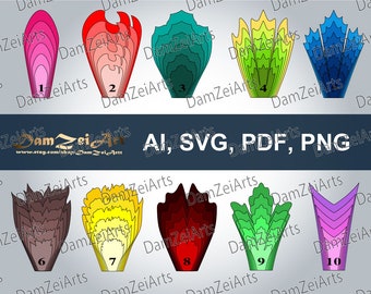 Può includere: Dieci diversi modelli di fiori di carta a strati in vari colori, tra cui rosso, rosa, verde, giallo, blu e viola. Ogni modello è numerato da 1 a 10. Il testo "AI, SVG, PDF, PNG" è visualizzato sotto i fiori.