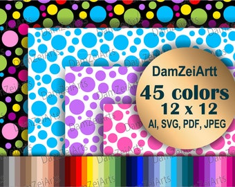 Rainbow Polka Dot White Printable Digital Papers 300 DPI 45 COLOR pet digital scrapbook supplies, ai, svg, pdf, ipeg
