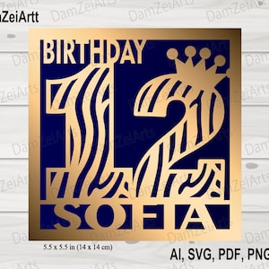 Cartão de aniversário de 12 anos personalizado, svg personalizado, modelo svg de cartão de aniversário para Cricut Cameo