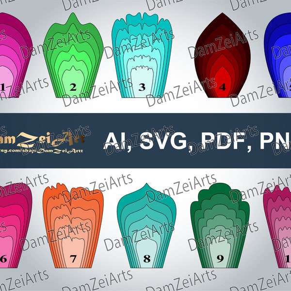 10 plantillas SVG de flores de papel (PDF, PNG) para decoración infantil. Descarga digital (1 set - flores 1-10)