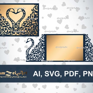 Gate-fold 5x7'' Schwan Hochzeit Einladungskarte Laser Cut Template (ai, svg, pdf, png) Vektor Datei Muster, Ornament Panel Digital Download