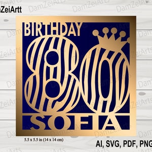 Gepersonaliseerde 80e verjaardagskaart, gepersonaliseerde SVG, verjaardagskaart SVG-sjabloon voor Cricut Cameo