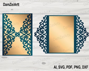 Gate-fold ornamental template 5x7, Wedding Invitation Card, laser Cut Birthday Cards, Anniversary Card, Silhouette Cameo, Cricut Digital