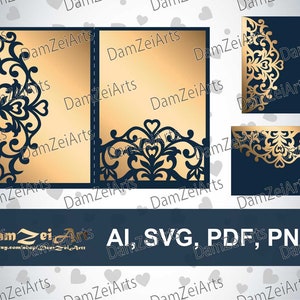 Tri Fold Tasche Briefumschlag 5x7 Hochzeitskarte Laser Cut Template (ai, svg, pdf, png) Vektor Datei, Ornament Panel Download