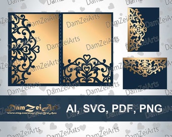 Tri Fold pocket envelope ornamental template 5x7 Wedding Card laser Cut Template (ai, svg, pdf, png) vector file, ornamental panels Download