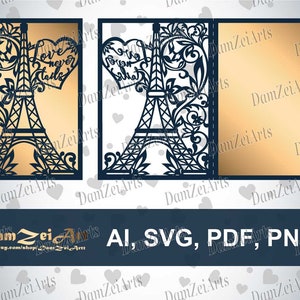 May include: Laser-cut Eiffel Tower design with the words "Love never fails" in a heart shape. The design is dark blue on a gold background, with the text "AI, SVG, PDF, PNG" at the bottom. The Etsy shop name is visible.