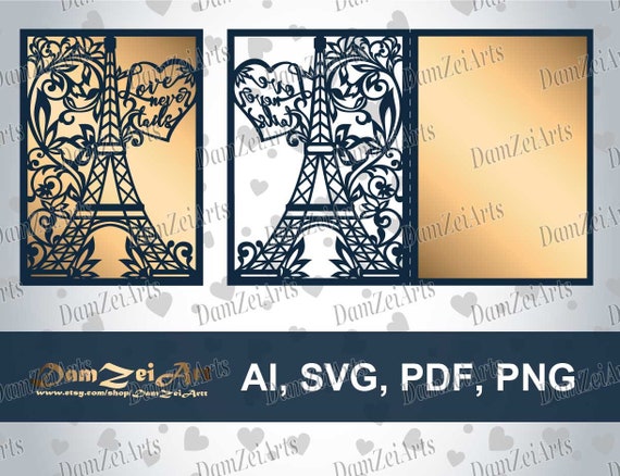 5x7'' Paris Eiffel Tower "Love never fails" Wedding invitation card laser cut files template (ai, svg, pdf,png)cricut cameo digital download