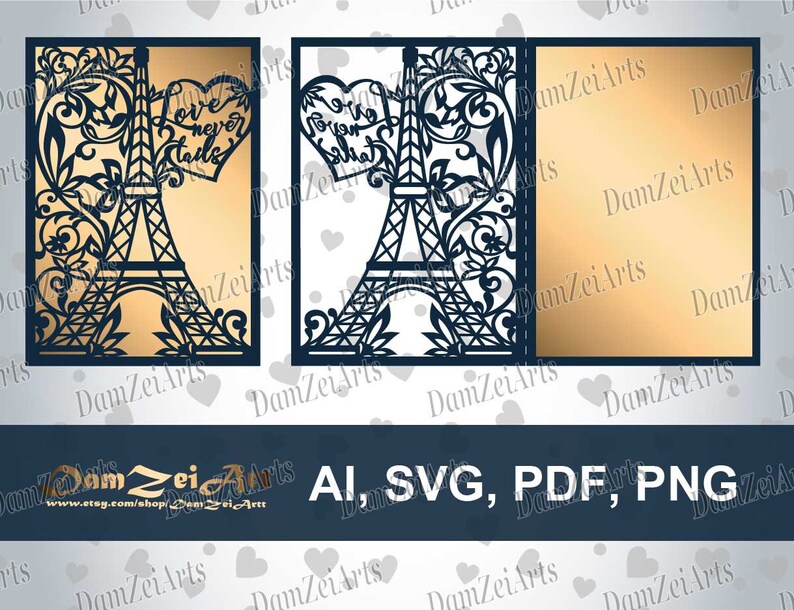 May include: Laser-cut Eiffel Tower design with the words "Love never fails" in a heart shape. The design is dark blue on a gold background, with the text "AI, SVG, PDF, PNG" at the bottom. The Etsy shop name is visible.