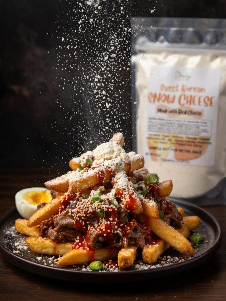 Puede incluir: Un plato de patatas fritas cargadas con carne, salsa, semillas de s&eacute;samo y cebolletas. Se espolvorea polvo blanco sobre las patatas fritas. Hay media rodaja de huevo duro a un lado. Una bolsa de "Sweet Korean Snow Cheese" est&aacute; en el fondo.