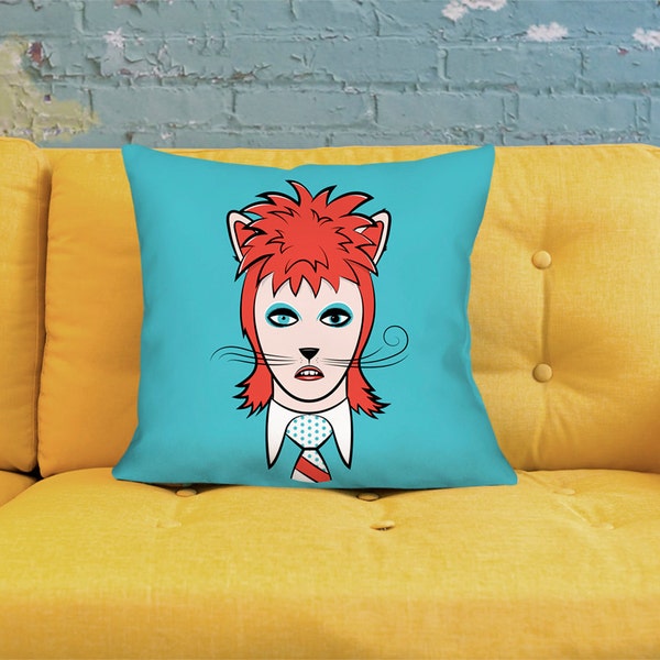 Cat Pillow - David Bowie Pillow - Bowie Pillow - Cartoon Pillow - Cat Throw Pillow - Cute Throw Pillow - Quirky Pillow - Blue Pillow - Cat