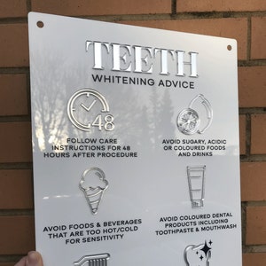 Panneau mural A3 en acrylique, Conseils d'entretien pour blanchiment des dents | enseigne dentaire | Enseigne commerciale | enseigne de spa | enseigne de salon | Décoration de dentiste