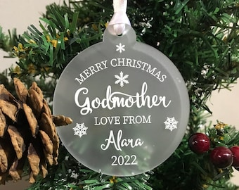 Personalised Merry Christmas Godmother Christmas Tree Frosted Bauble Decoration Gift