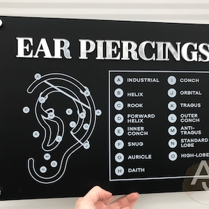 Ear Piercing Placement Advice Acrylic A3 Wall Sign | Studio Sign | Business Sign | Tattoo Sign | Salon Sign |