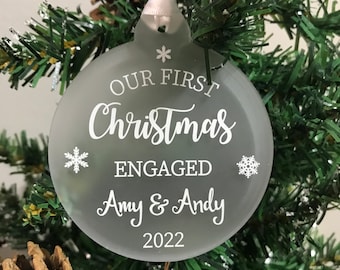 Personalised First Christmas Engaged Couples Tree Frosted Bauble Decoration Wedding Gift