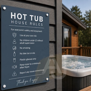 May include: A rectangular dark blue sign with white text that reads "HOT TUB HOUSE RULES". The sign lists rules for hot tub use, including safety guidelines and noise restrictions. The sign is mounted on a gray wooden wall.