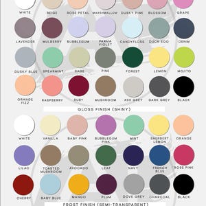 Op de afbeelding: Een kleurenpalet met achtergrondopties in verschillende kleuren en afwerkingen. De opties omvatten matte, glanzende en semi-transparante afwerkingen, met kleuren vari&euml;rend van wit tot zwart. De tekst bovenaan luidt "ACHTERGRONDOPTIES".