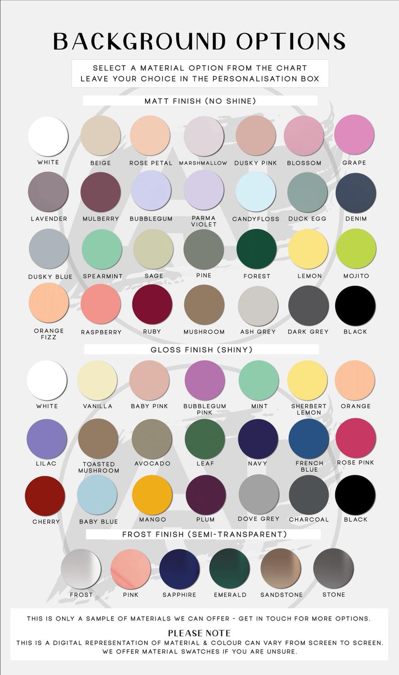 Op de afbeelding: Een kleurenpalet met achtergrondopties in verschillende kleuren en afwerkingen. De opties omvatten matte, glanzende en semi-transparante afwerkingen, met kleuren vari&euml;rend van wit tot zwart. De tekst bovenaan luidt "ACHTERGRONDOPTIES".