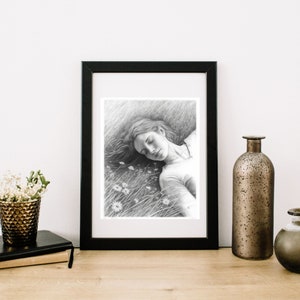 Girl laying in the meadow sketch drawing digital download for prints ai generated art, wall art, print, home decor, beauty, mellow, serene