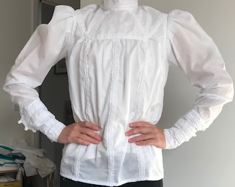 Victorian Edwardian style Women girls  blouse long sleeve,  yoke,  high collar, back closure, historical costume, size 4-30