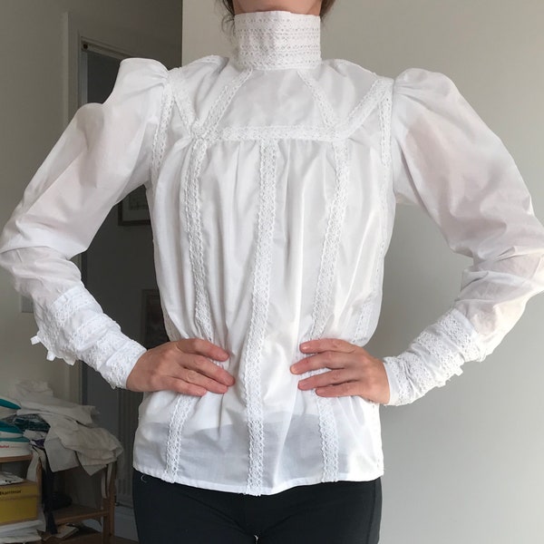 Victorian Edwardian style Women girls  blouse long sleeve,  yoke,  high collar, back closure, historical costume, size 4-30