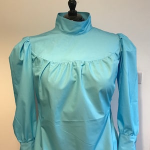 Puede incluir: Una blusa de manga larga de color azul claro con cuello alto y mangas abullonadas. La blusa tiene un detalle fruncido en el escote.