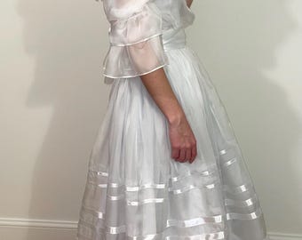 Edwardian late 1900s style tea dress from silk chiffon and cotton lawn: bodice with short puffy sleeves, skirt, satin belt/sash, sizes 4-30