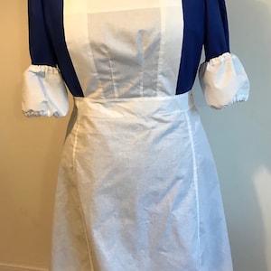 1960s Nurse uniform royal blue dress short sleeve, oversleeves, white apron , size 4-30