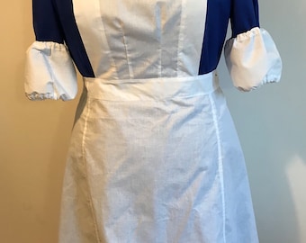 1960s Nurse uniform royal blue dress short sleeve, oversleeves, white apron , size 4-30