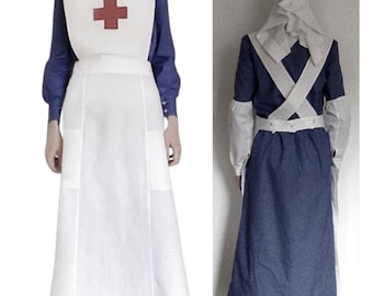 VAD Nurse Uniform Style  WW1 WWI Historical Costume dress Apron oversleeves headscarf/veil/headgear sizes 4-28