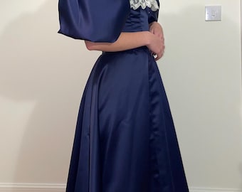 Victorian early 1890s style women evening dress from satin: bodice with short puffy long sleeves, skirt, belt/sash with a bow, sizes 4-30