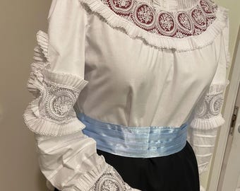 Edwardian (late 1900s)  style Women girls  blouse with yoke, laced, long puffy sleeve high collar back closure, size 4-30