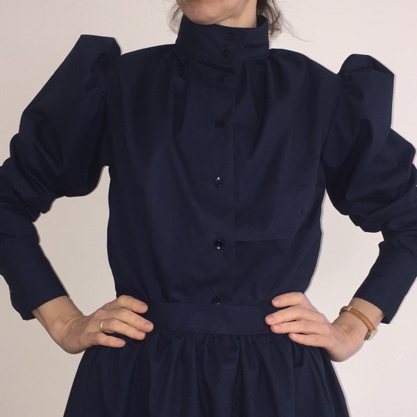 Estilo victoriano Mujeres niñas blusa sólida lisa manga larga hinchada cuello alto cierre frontal, traje histórico, tamaño 4-30