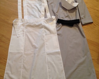 WWII WW2 Nurse uniform grey dress, white apron, black belt, hat, size 4-30
