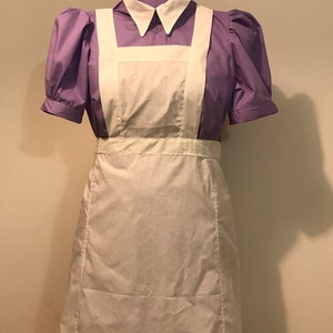 1950s Nurse uniform lilac dress short puffy sleeve, white apron , size 4-30
