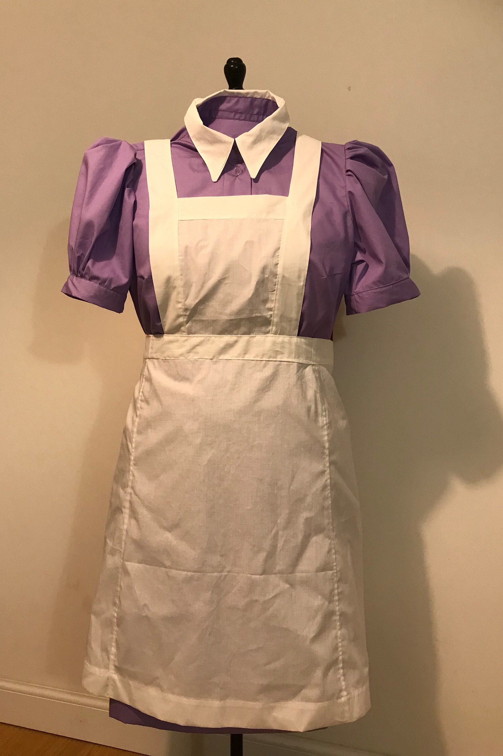 1950s Nurse uniform lilac dress short puffy sleeve, white apron , size 4-30