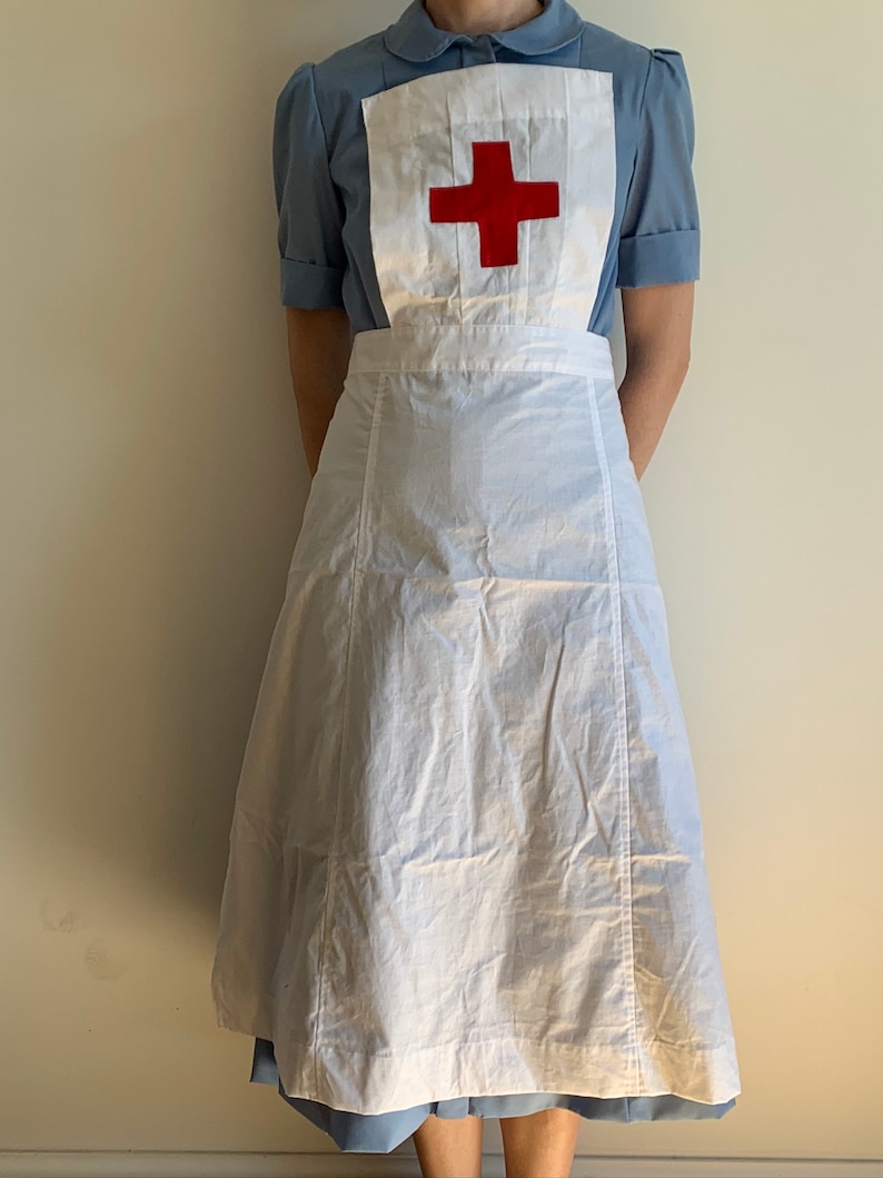 Victorian Edwardian Apron, Maid Costume & Patterns WWII Nurse Uniform Apron Handmade WW2 Historical Costume new size 2-30 $34.64 AT vintagedancer.com