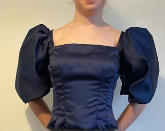 Victorian early 1890s style women evening bodice, boned, short puffy sleeve, center back closure, square neckline, blouse, size 4-30