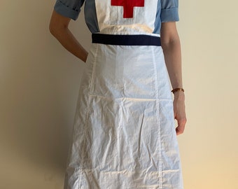Nurse uniform 1939-54 WWII WW2 blue dress short sleeve, white apron, head cap , size 4-30