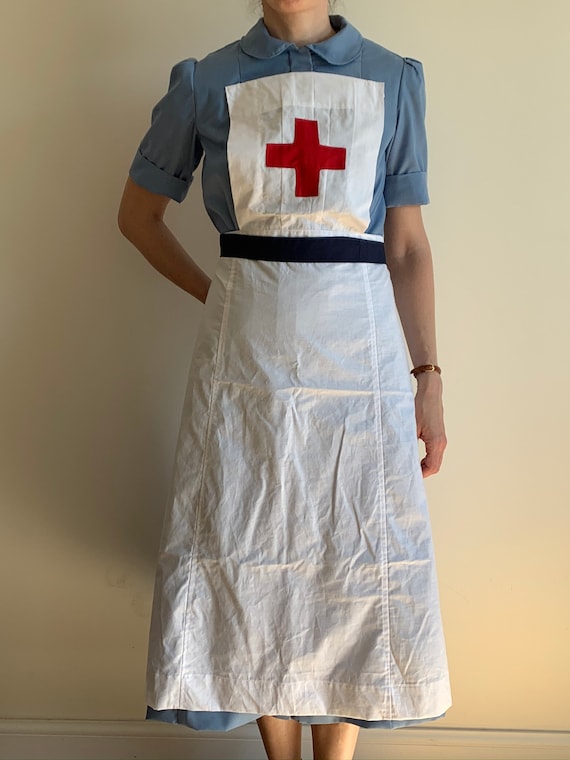 Nurse uniform 1939-54 WWII WW2 blue dress short sleeve, White apron, head cap , size 4-30