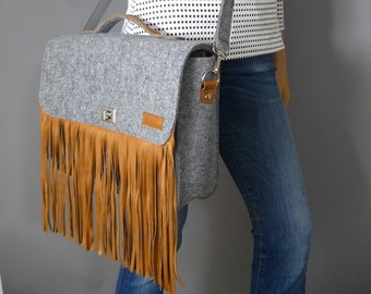 15-inch Laptop bag - Messenger Bag - 15-inch Macbook Pro Case -Fringe Crossbody Bag - Office Bag - Felt Satchel - Leather Fringe Bag