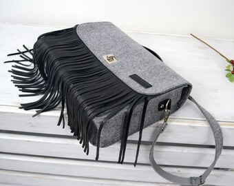 Leather Fringe Bag - Fringe felt  bag - Messenger Bag - 15-inch Macbook -  Felt purse - Crossbody Bag - Office Bag - Felt Satchel