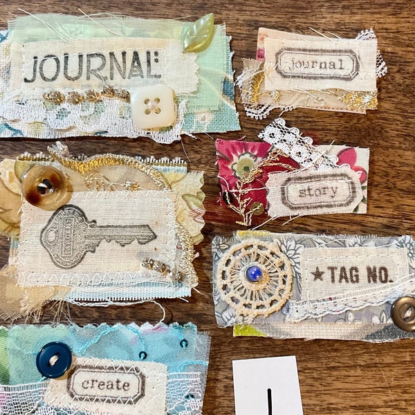 Choose Stamped fabric cluster Set, Fabric Word Clusters with vintage jewelry buttons lace, fabric collage sets for junk journals scrapbooks