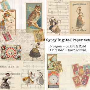 Gypsy Digital Papers, Papel Boho para revistas basura, Vintage Gypsy Romany Printable Papers, Print &Fold Journal Papers, Collage digital