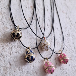 Egg necklace, spring necklace, white blue black pink enamel gold egg necklace, rhinestones pendant, adjustable necklace, Easter egg charm