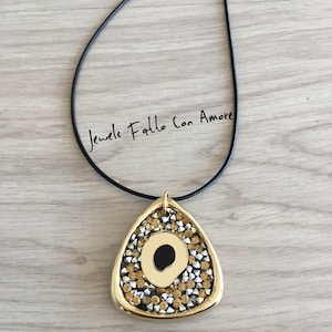 Gold black rhinestone Greek evil eye pendant necklace, Triangle evil eye pendant, Acrylic brass evil eye necklace, Modern Greek eye jewelry