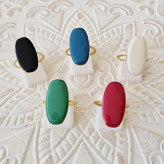 Bague Ovale En Acier Inoxydable Et Émail Noir - Ajustable Pour Femme - Neuf Avec Étiquettes